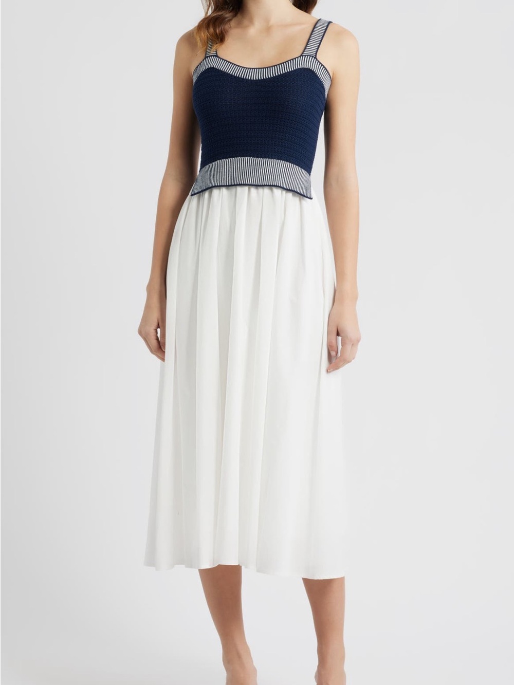 Moon River Navy and White Midi Dress with Knit Bodice